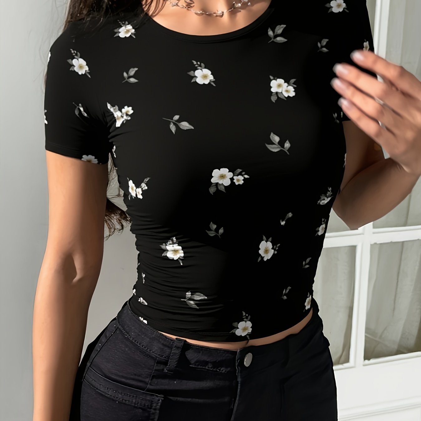 Image of Women's Floral Wrap T-shirt - Short Sleeve Slim Fit, Cute Dainty Trendy Fall Winter Layering Top, Fashionable Outfit For Halloween Christmas Easter Christmas Eve, Versatile Lightweight Everyday Wear