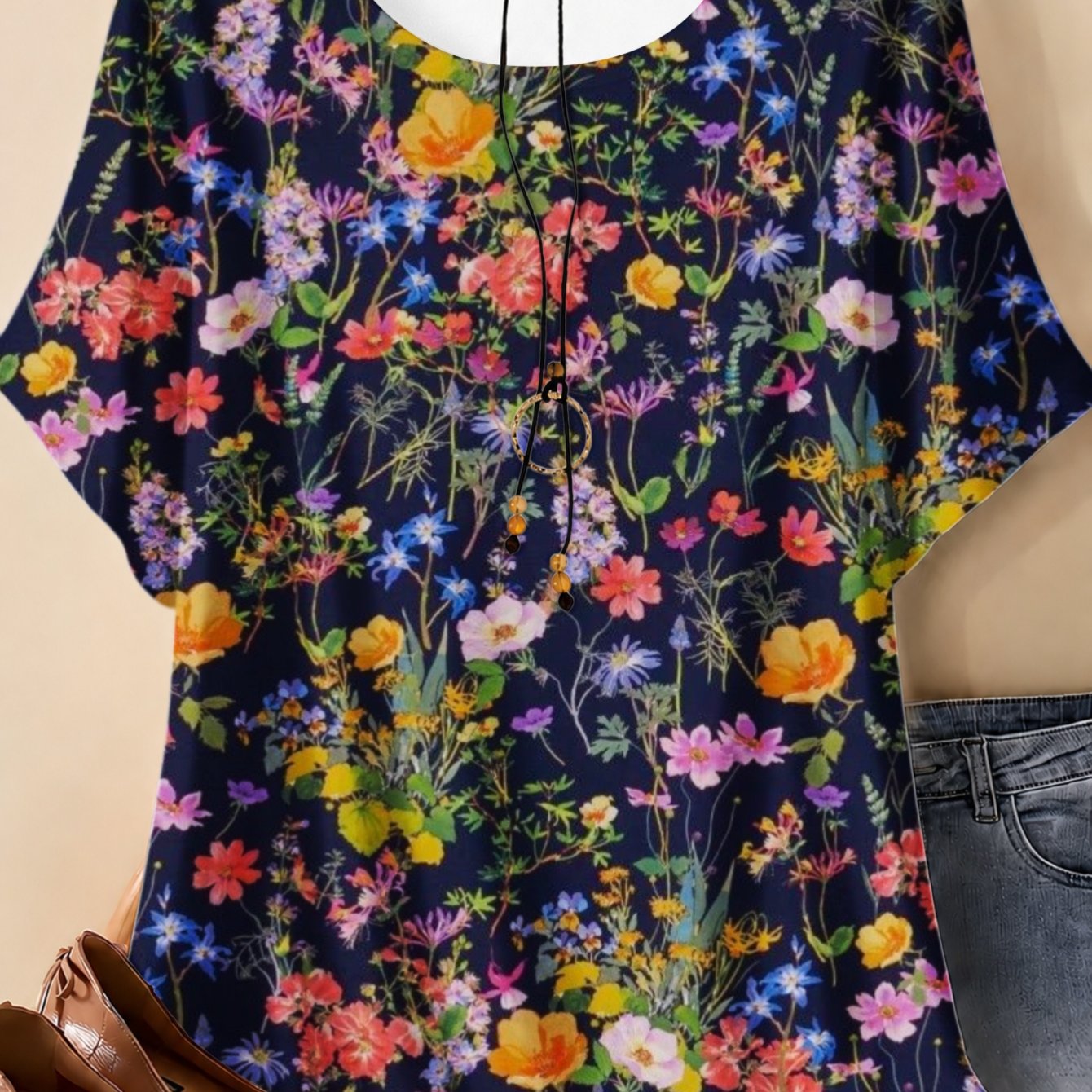 Image of Plus Size - 2d Flat, Colorful Print, Loose Batwing Sleeve Tunic Top, Acrylic Pendant, Ornament For Casual Wear And Daily Outfit, Mother's Day Gift For Women