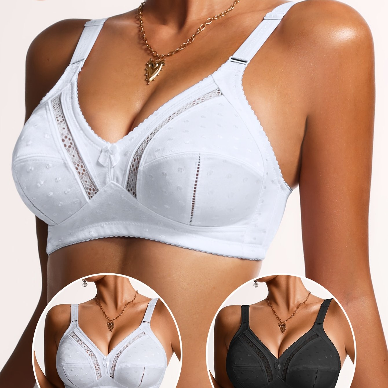 Image of 2pcs/pack Women's Elegant Front Chest Bow Thin Bra No Steel Ring Breathable Bra Bra Pad Thin Cute Elegant Full Wrap Polka Dot Bra Suitable For