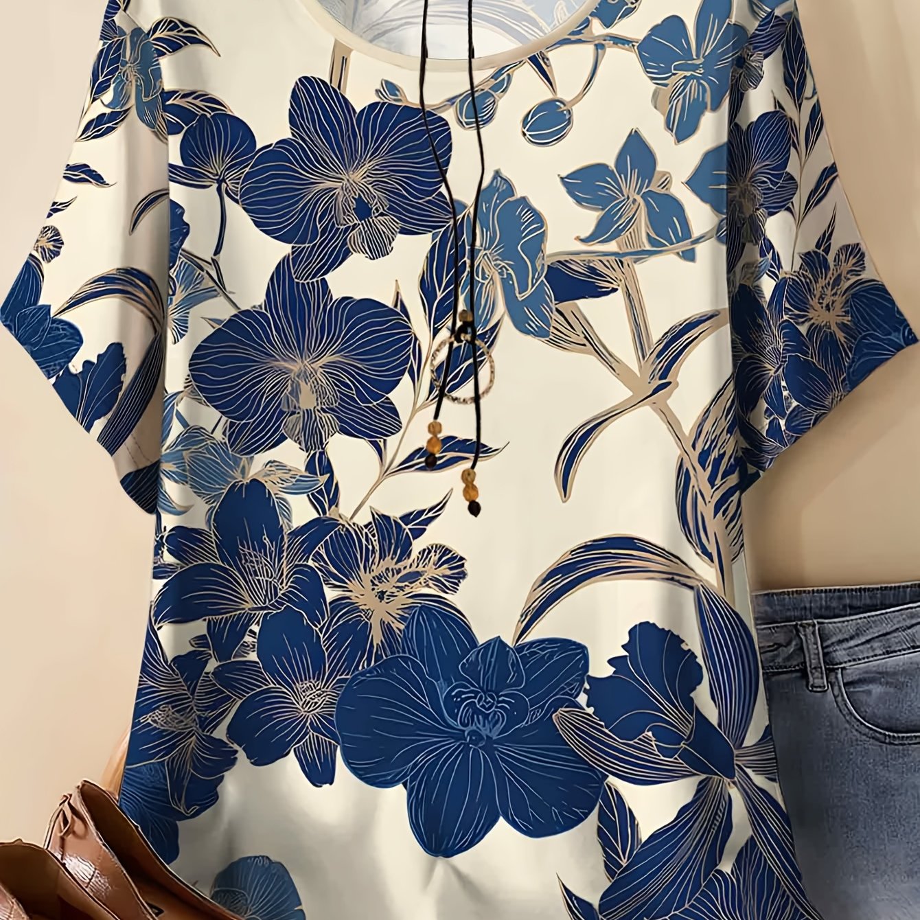 TEMU Plus Size Women's Blue Floral Print Short Sleeve T-shirt, Summer Loose Fit Casual Fashion Versatile Round Neck Pullover Top
