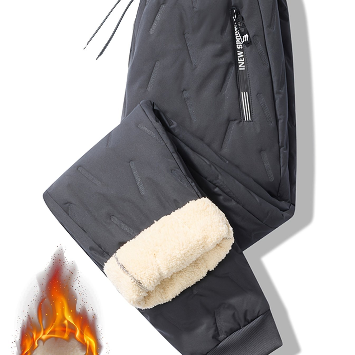 TEMU Men's And Women's Thickened Winter Jogging Pants, Fleece-lined, Warm And Windproof, Adjustable Drawstring Waist, Zipper Pockets, Solid Color