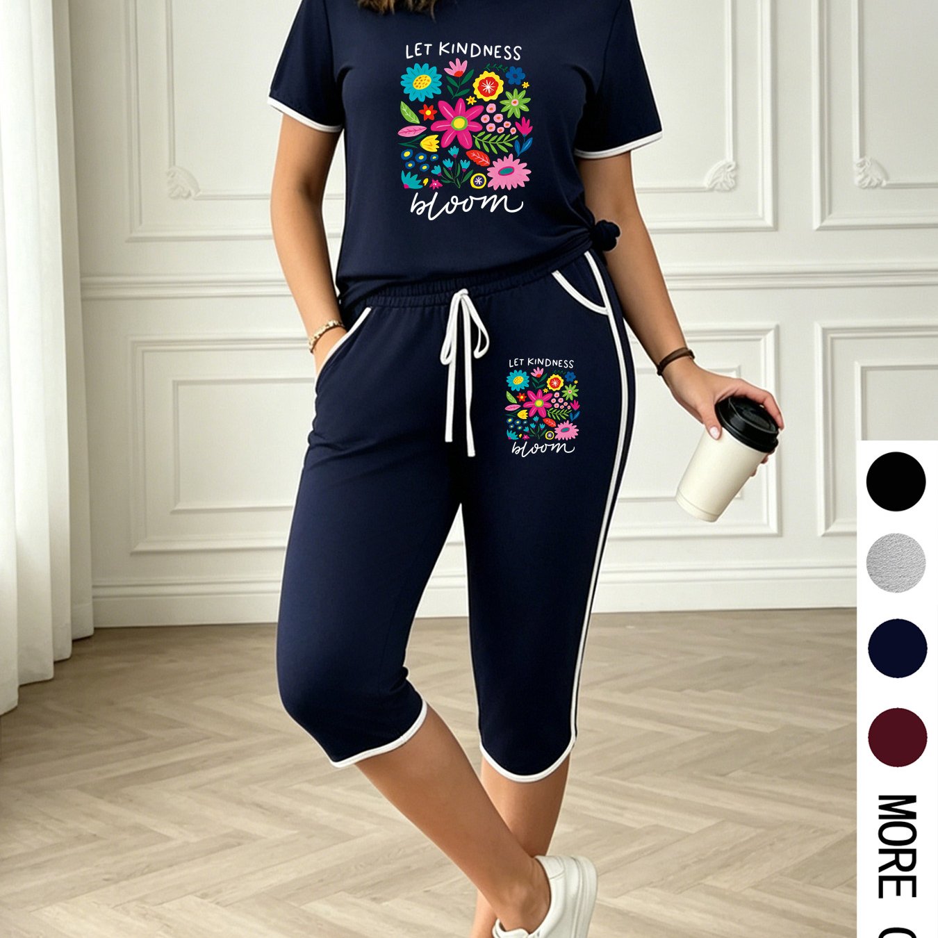 TEMU Plus Size - Plus Size - Casual Plus Size Women 2pcs Set, Summer Colorful Round Neck Short Sleeve Top And Binding Loose Capri Pants With Pockets,