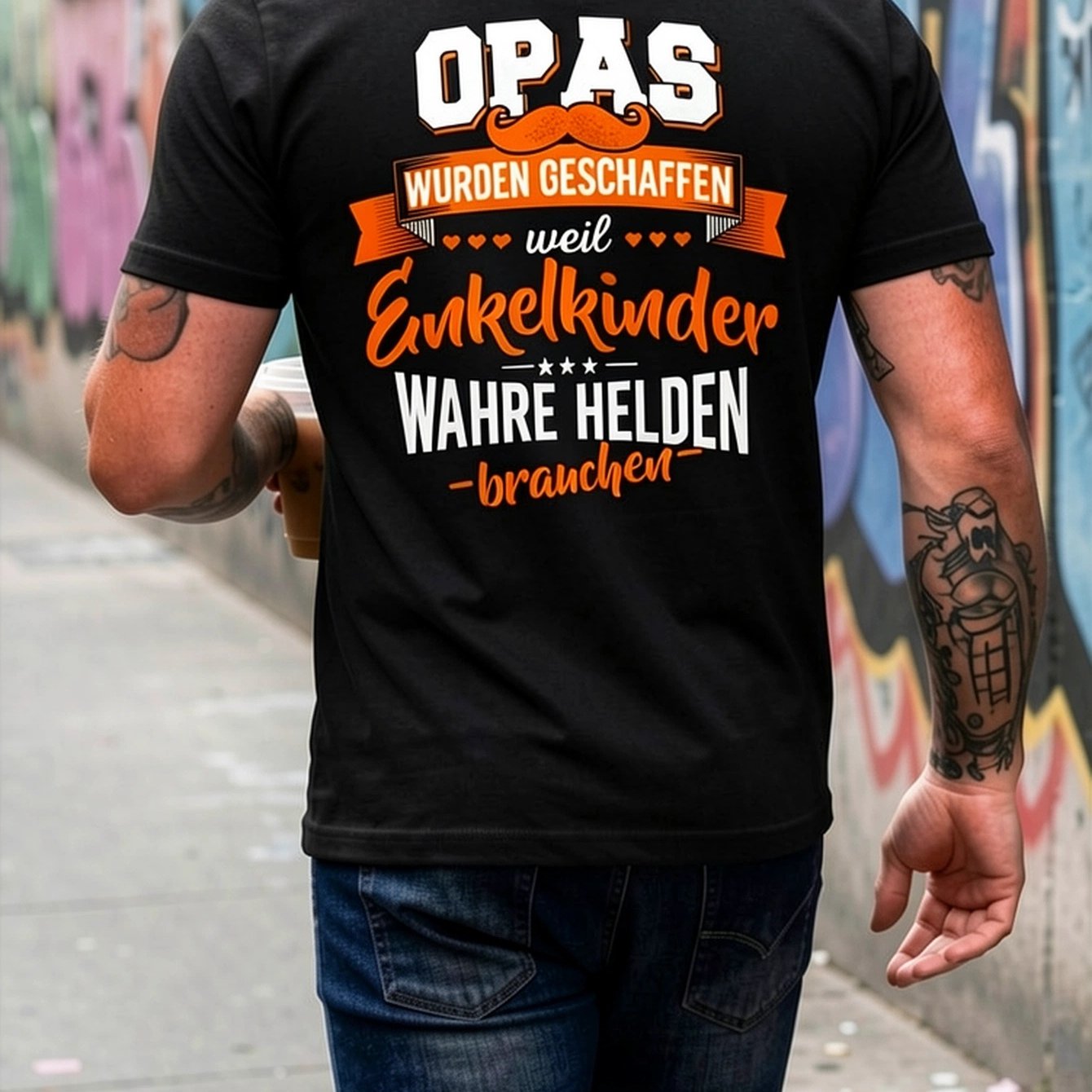 Image of Men' German Grandfather & Grandson T-shirt - "grandkids Hero" Slogan Print, Round Neck Short Sleeve Casual Shirt Suitable For Daily Wear, Gift For Grandpa & Grandson, Machine Washable (/orange)