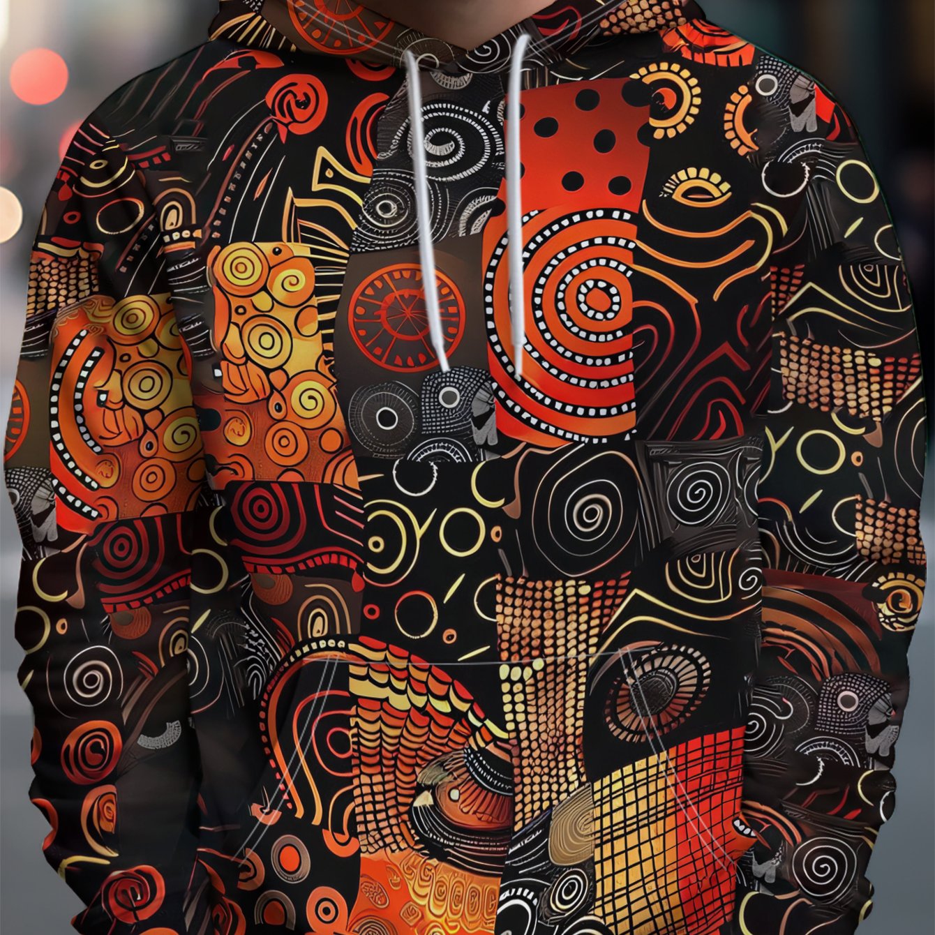 TEMU Men's Individual Style Hooded Sweatshirt, Dark Base With Orange Red Waves And Intersecting Patterns, Rich And Artistic Elements For Casual