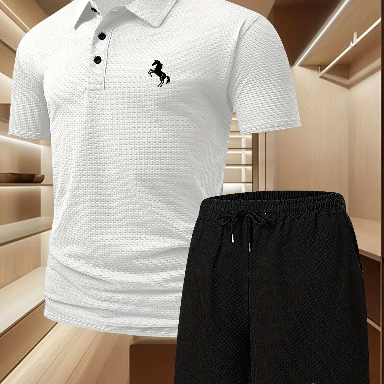 E-shop K186 Springender Pferd 2-Druck High-End Herren Polo, Hochwertige Kleidung Kurzarm und Shorts 2er Set, Schnelltrocknend und Atmungsaktiv,