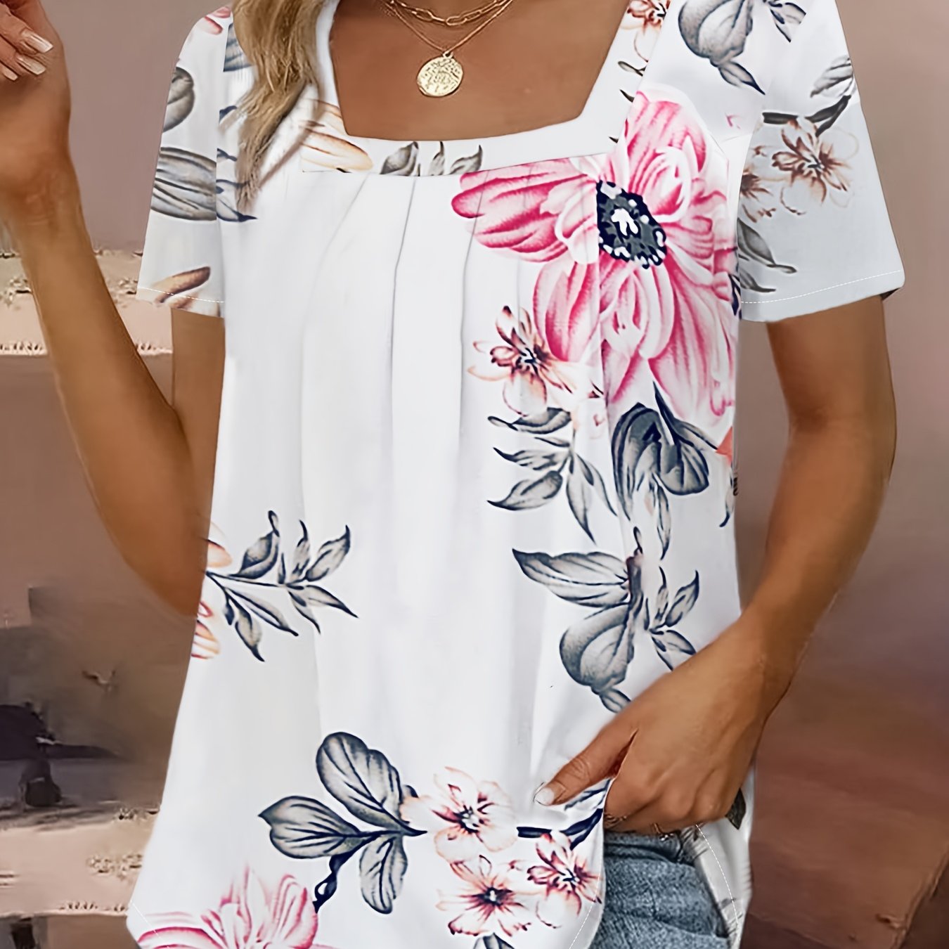Image of Shangyue Clothing Floral Print T-shirt, Casual Short Sleeve Square Neck Top For Spring And Summer, Women's Wear