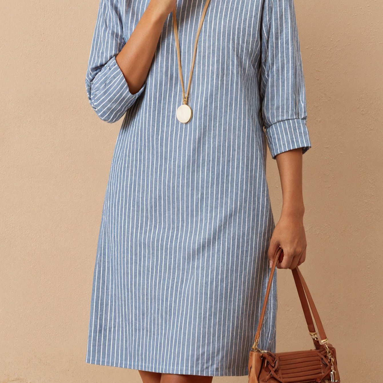 TEMU Early Spring Women's Fashion Solid Color Striped Print Versatile Outerwear Commuter Style Long Dress For White-collar Office Workwear Autumn