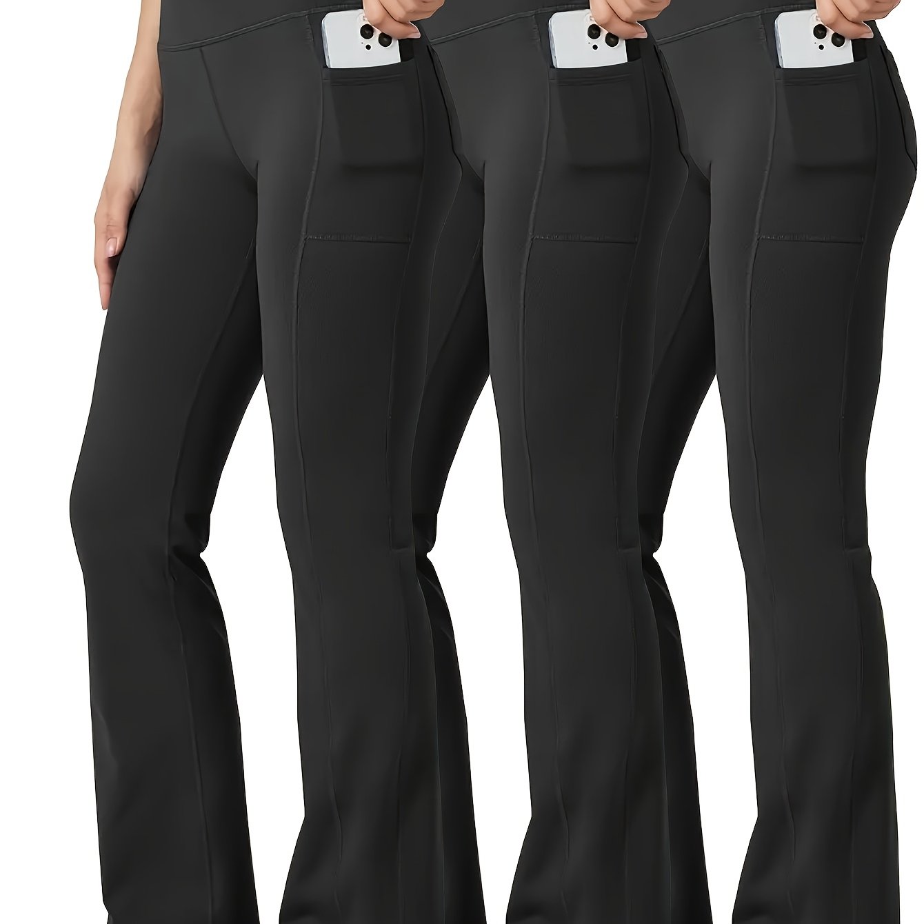 Image of Plus Size - Plus Size - Plus Size Casual Long Pants 3pcs Set With Phone Pocket, Fashionable High-waist -lifting Flare Pants, Women's Trousers