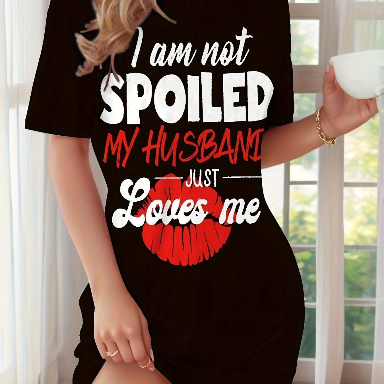 TEMU Casual Short-sleeve Pajamas For Women Featuring The Print " , Just By My Husband" Along With A Red Lips Pattern. Are Machine Washable, Suitable
