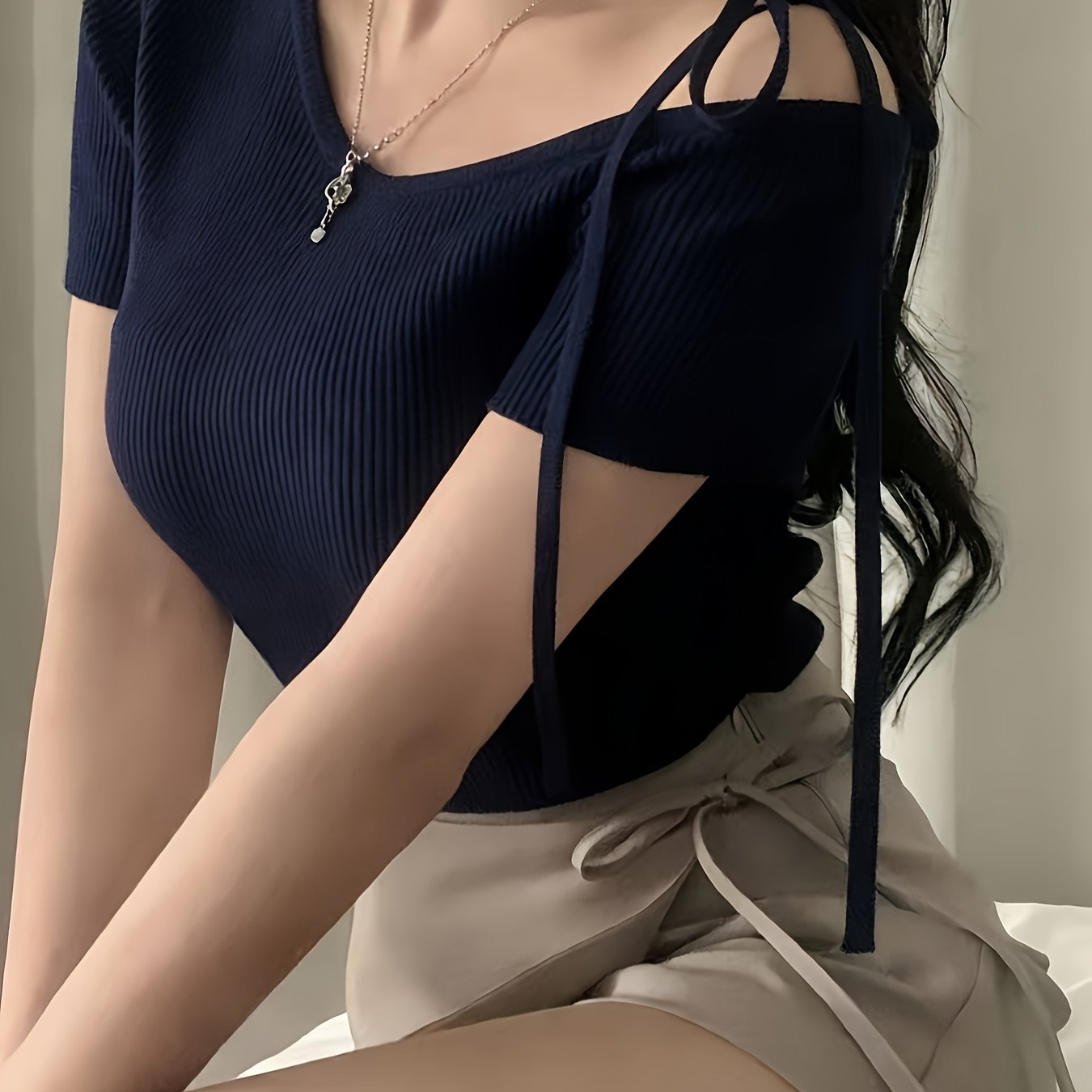 TEMU Haut de couleur unie, T-shirt à manches courtes printemps et été, Design à bretelles épaules dénudées, Pull rayé