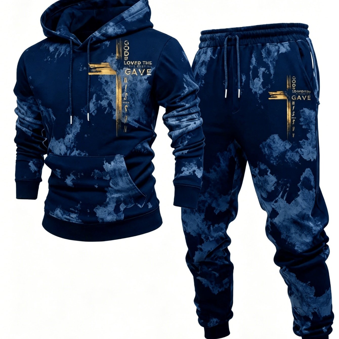 Men's 2pcs Outfits Tie Dye Cross Print Faith Letter Drawstring Hoodie And Jogger Pants Set, Navy Blue Golden Casual Sporty Tracksuit With Pocket For Daily Wear Streetwear