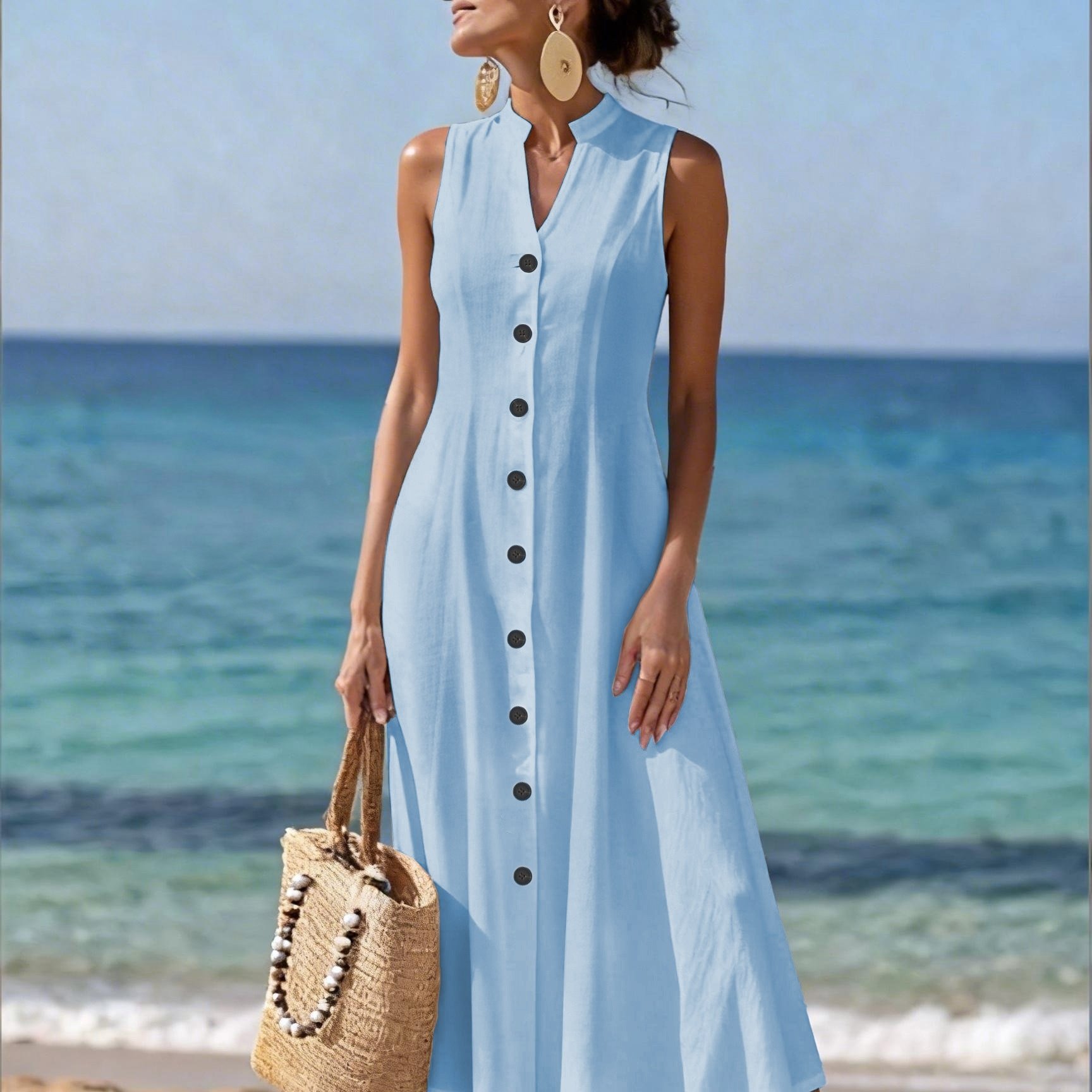 TEMU Women' Color Elegant Sleeveless V-neck Single-breasted Long Dress Long Skirt
