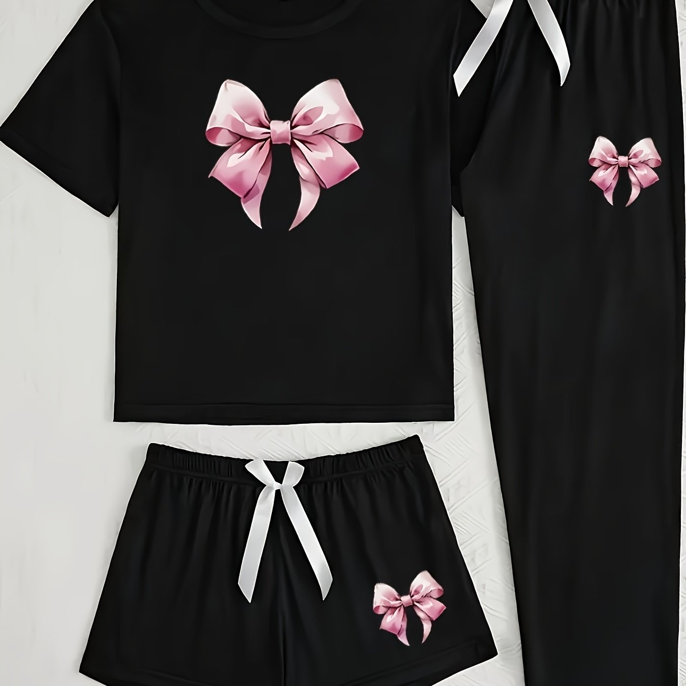Three-piece Women's Casual Sleepwear Set With A And Pink Bow Print