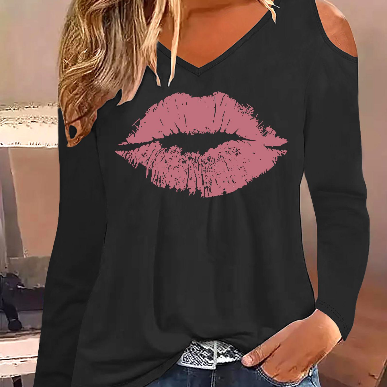 TEMU T-shirt a maniche lunghe da donna con stampa scollo a V, elegante maglietta a maniche lunghe con spalle scoperte per l' e l'inverno