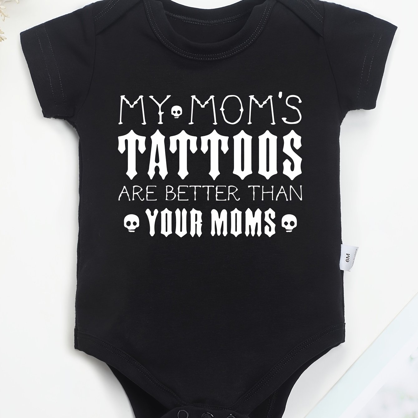 TEMU Cotton Baby Onesies With Small Skull Pattern And Letter Print Soft Casual Round Neck Baby Onesies, For Outdoor