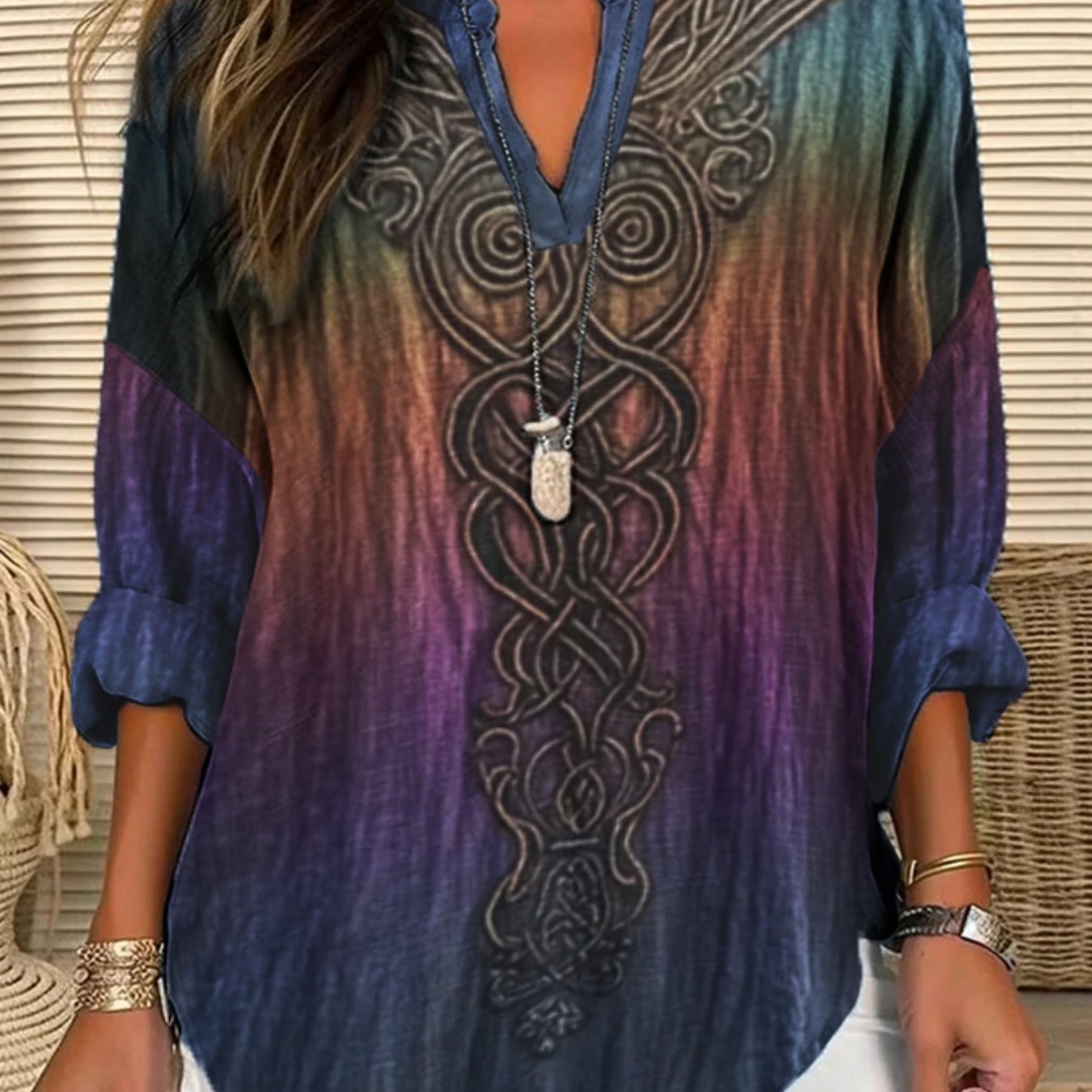 TEMU Plus Size - Plus Size - [two-dimensional Flat Pattern Printing], Women's Plus Size Elegant Retro And Shirt - Bohemian Style, Viking, Tree Of ,