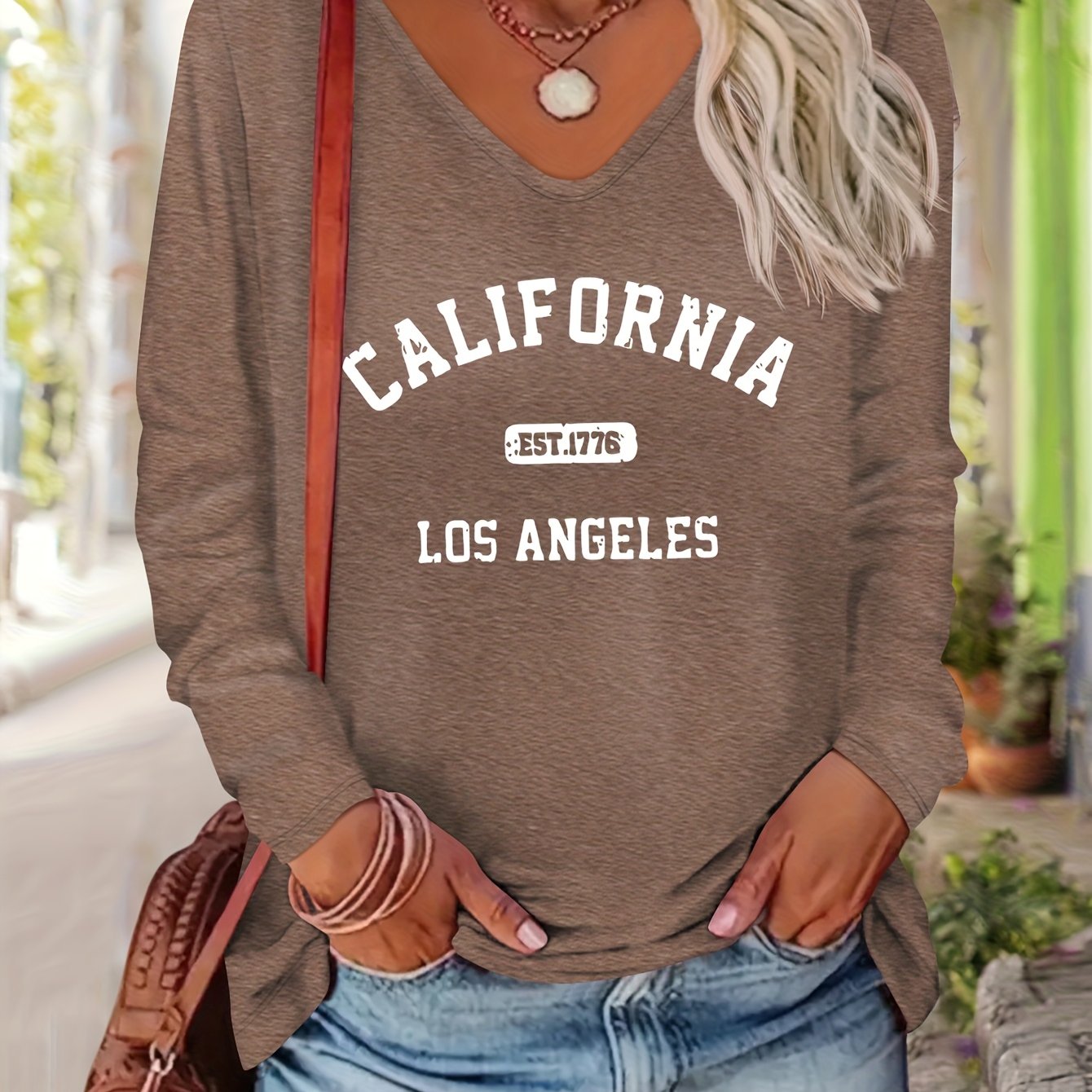 TEMU Damen-Top für Herbst/Winter mit Los Angeles California-Schriftzug, Alltags-Vielseitiges Einfaches Bequemes Lässiges Farbiges Langarm-T-Shirt mit