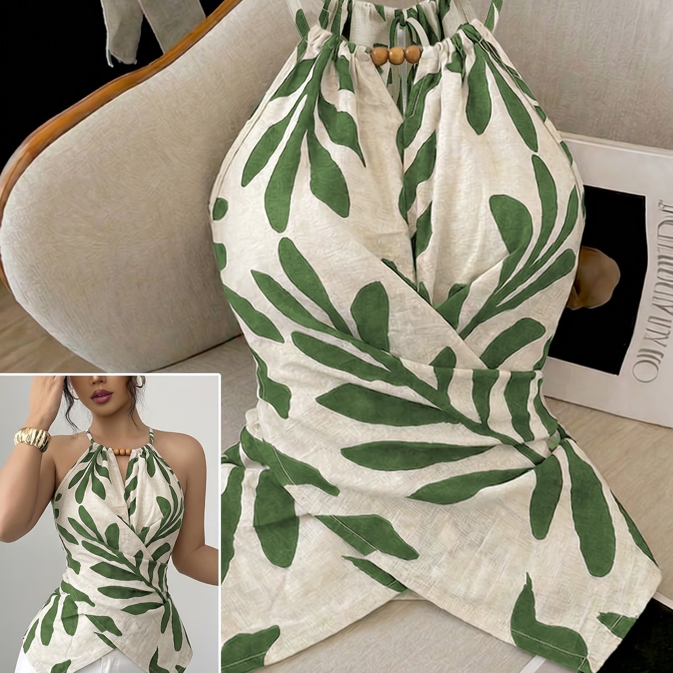 TEMU Gilet décontracté pour femmes, gilet à épaules dénudées avec imprimé de plantes et dos , idéal pour le shopping, les vacances, la plage, les ,