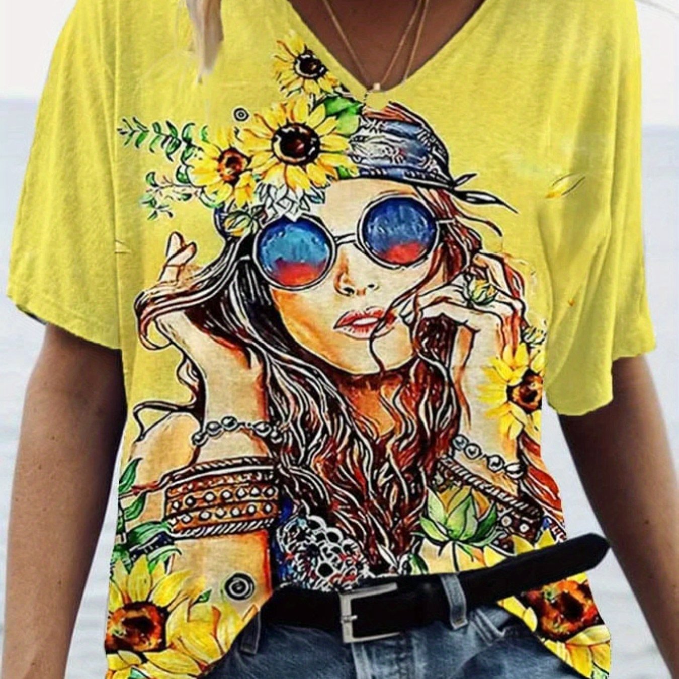 Image of Hippie Graphic Print T-shirt, Short Sleeve V Neck Casual Top For Summer & Spring, Women's Clothing
