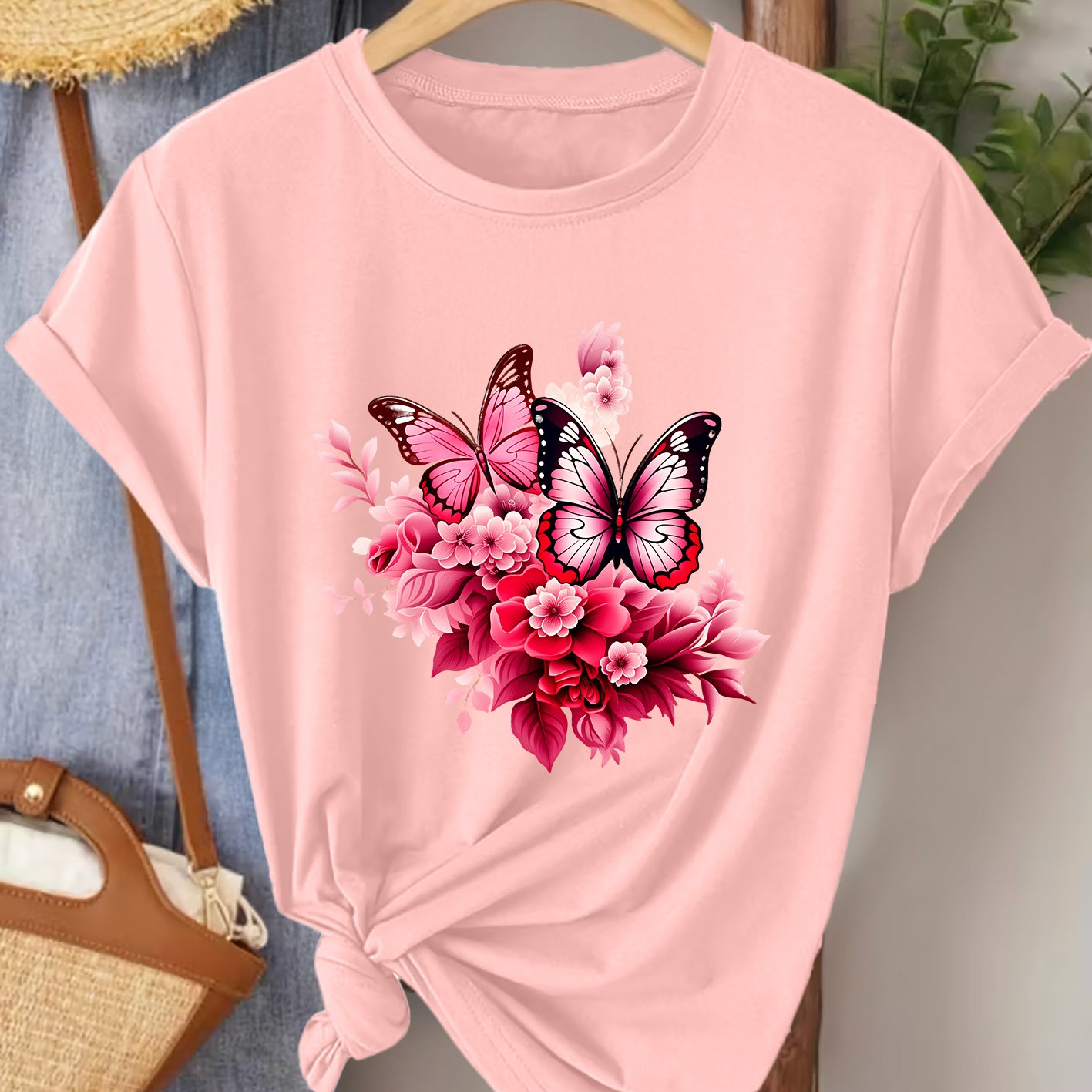 TEMU Women's Summer Clothing Pink Floral Print Round Neck Short-sleeved T-shirt Fashionable Vacation Daily Versatile Plus Size Friendly Women's