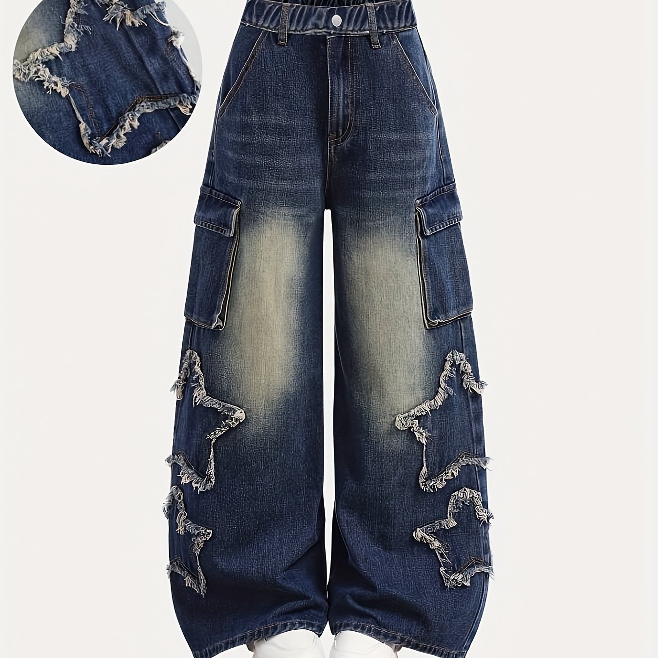 Image of Dark Blue Gradient Retro Denim Girl Denim, Tween Girls Y2k , Loose Wide-leg Denim, With Large Side Pockets And Star , Suitable For Daily Wear And Street Style