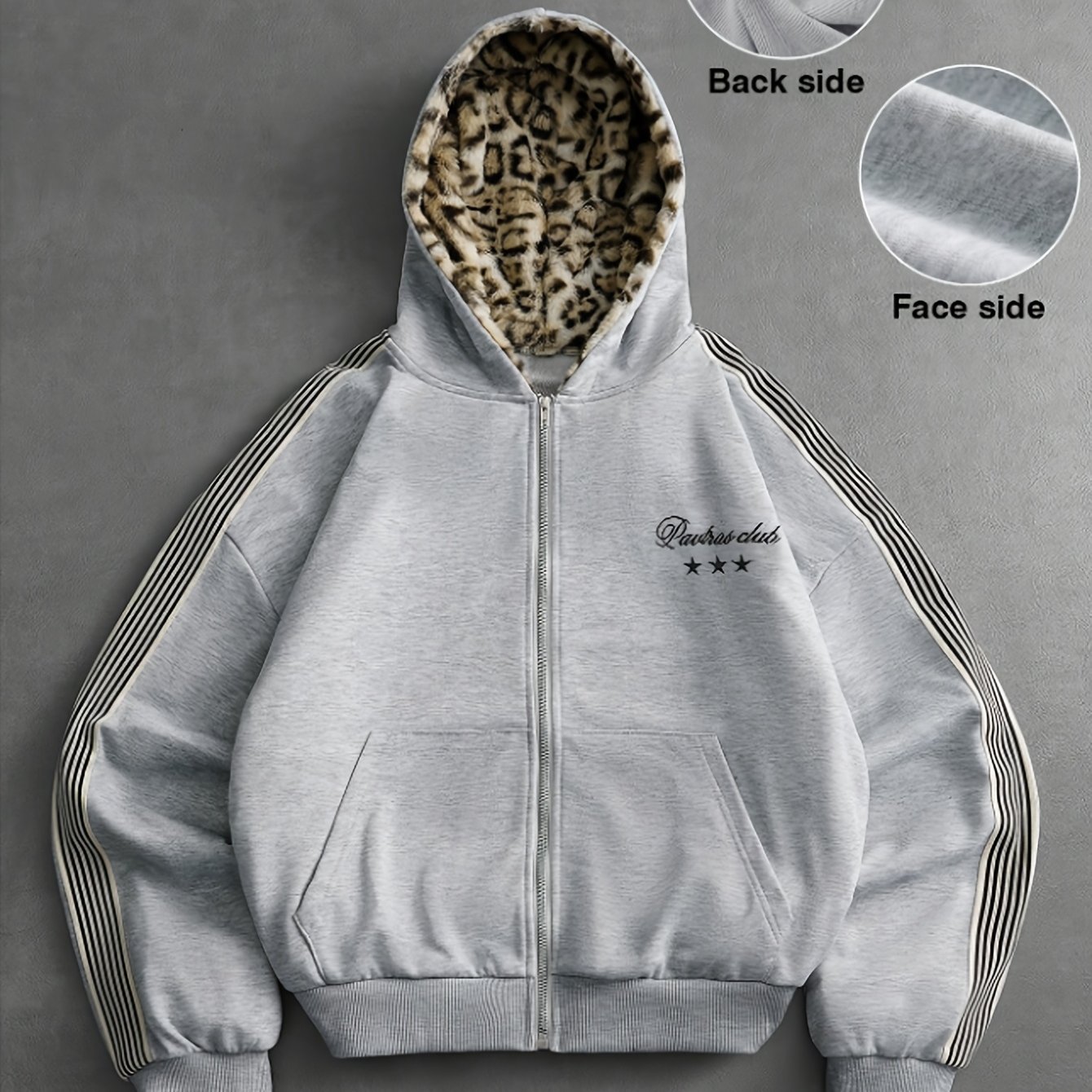 TEMU New Autumn/winter Men's Hooded Long-sleeve Sweatshirt Jacket With Leopard Print Contrast Color Hood Lining! Features Trendy And Stylish Side