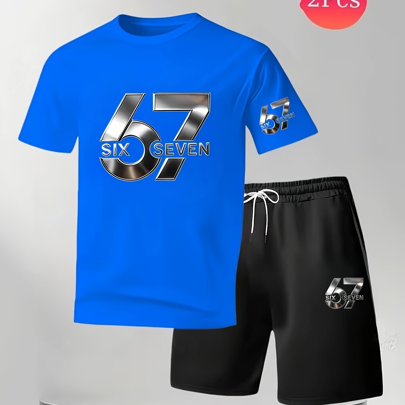 TEMU Men's Summer Comfortable Crew Neck Short Sleeve T-shirt And Drawstring Pocket Shorts Set, Number 67 Graphic Print Fashionable Casual Summer