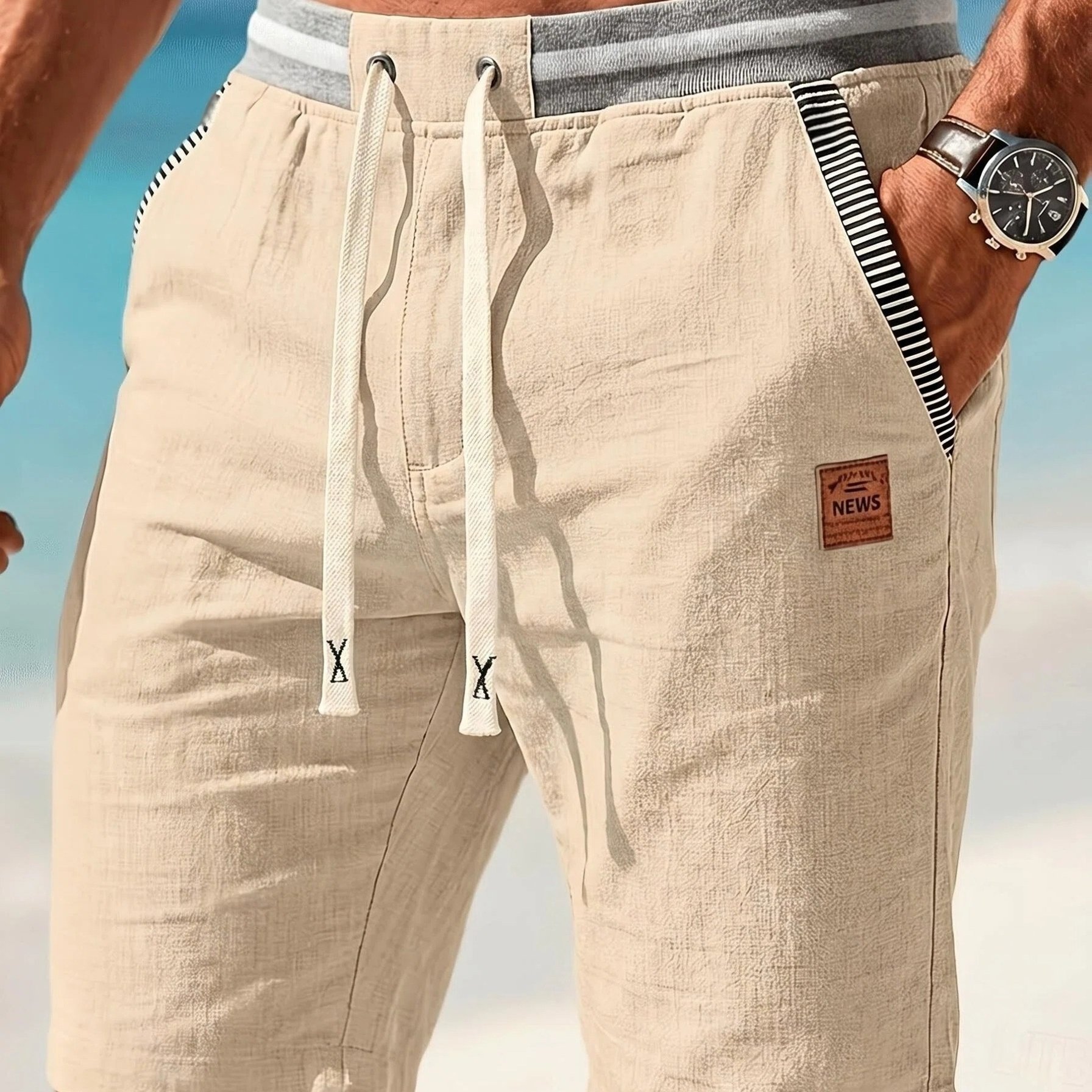 TEMU Men's Lace-up Bamboo Rayon Joint Fabric Label Strip Striped Pocket Casual Pocket Shorts