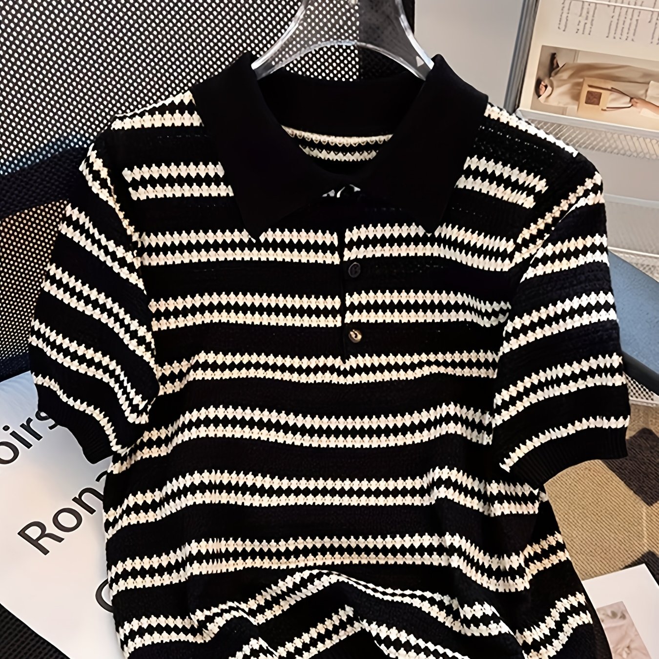 E-shop Damen Eis-Kurzarmbluse Retro-Kragen Top - Gestreiftes Hemd, Maschinenwaschbar, Frühling Sommer Casual Wear, Nicht geeignet für Japan/Korea Serie