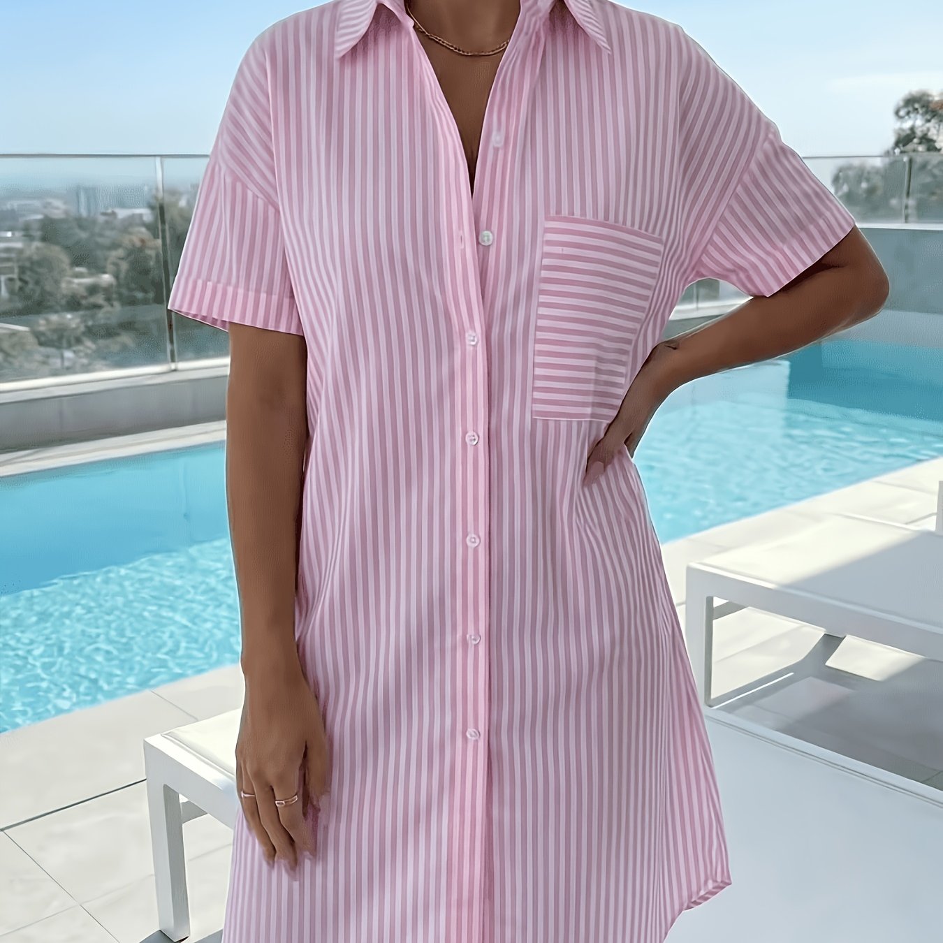 TEMU Plus Size, Plus Size Women's Summer Lapel Single-breasted Striped Short Sleeve Shirt Dress For Daily Fashion Wear
