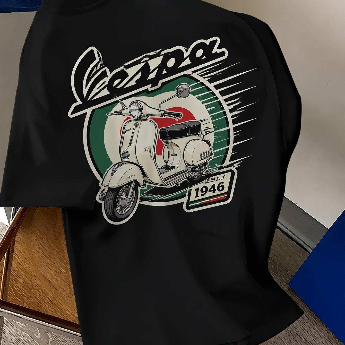 Italian Scooter Graphic T-shirt, Vintage 1946-inspired Retro Printed Tee, Casual Streetwear Short Sleeve Shirt, Ideal For Daily Wear And Weekend Outfits