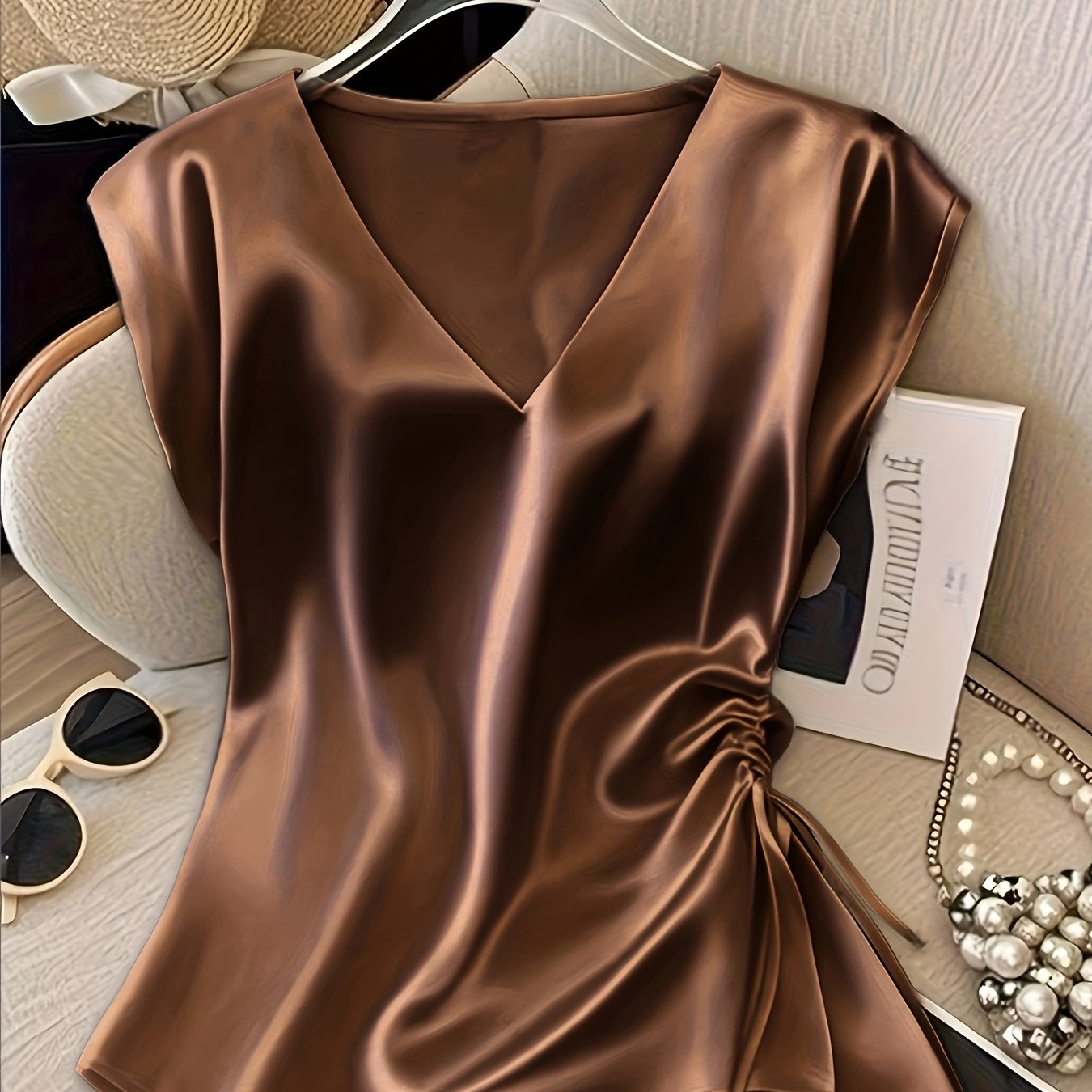 TEMU Women' Satin V-neck Ruched Summer Elegant Blouse