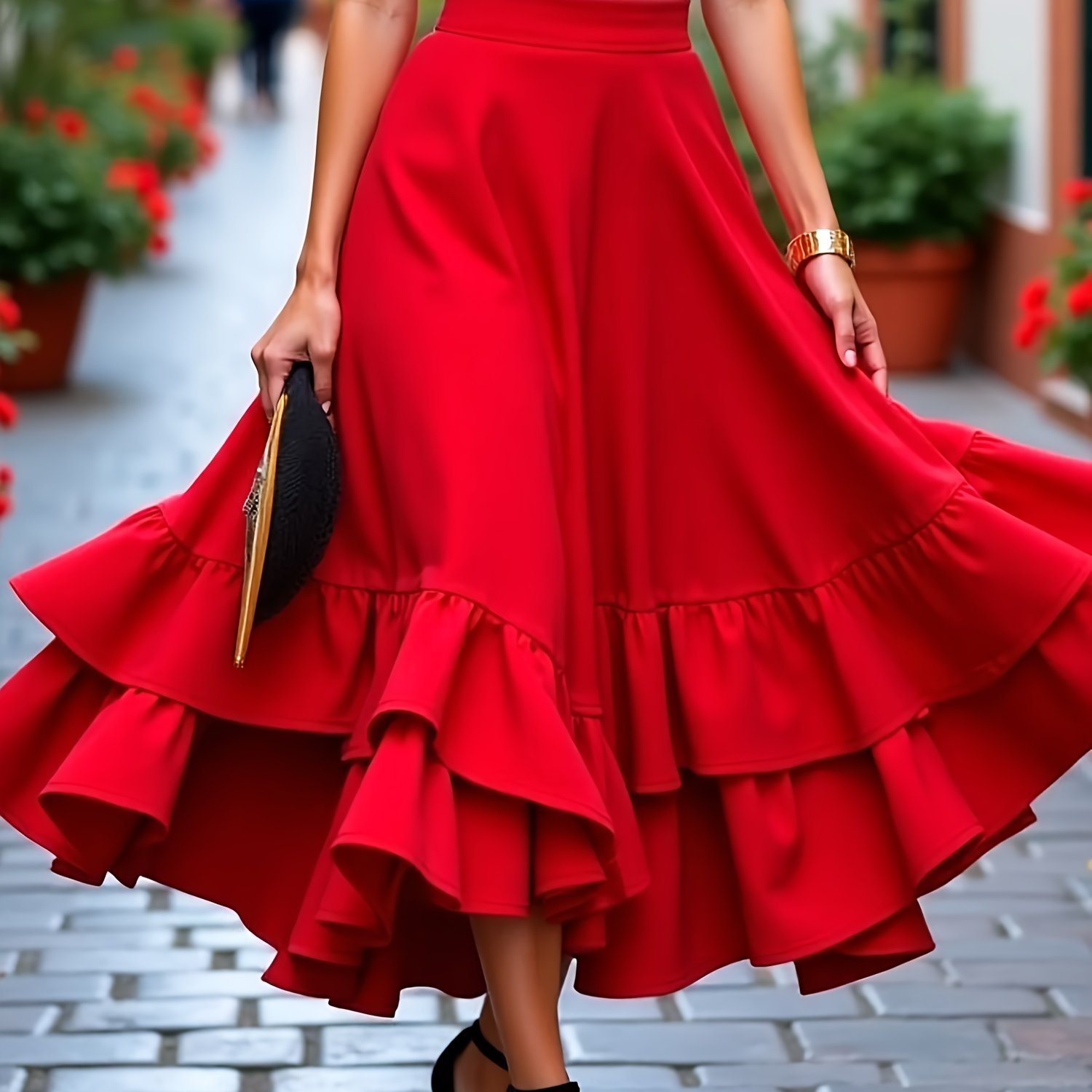 TEMU Spring/summer New Party Gathering Versatile Ruffle Hem Flared Women's Skirt