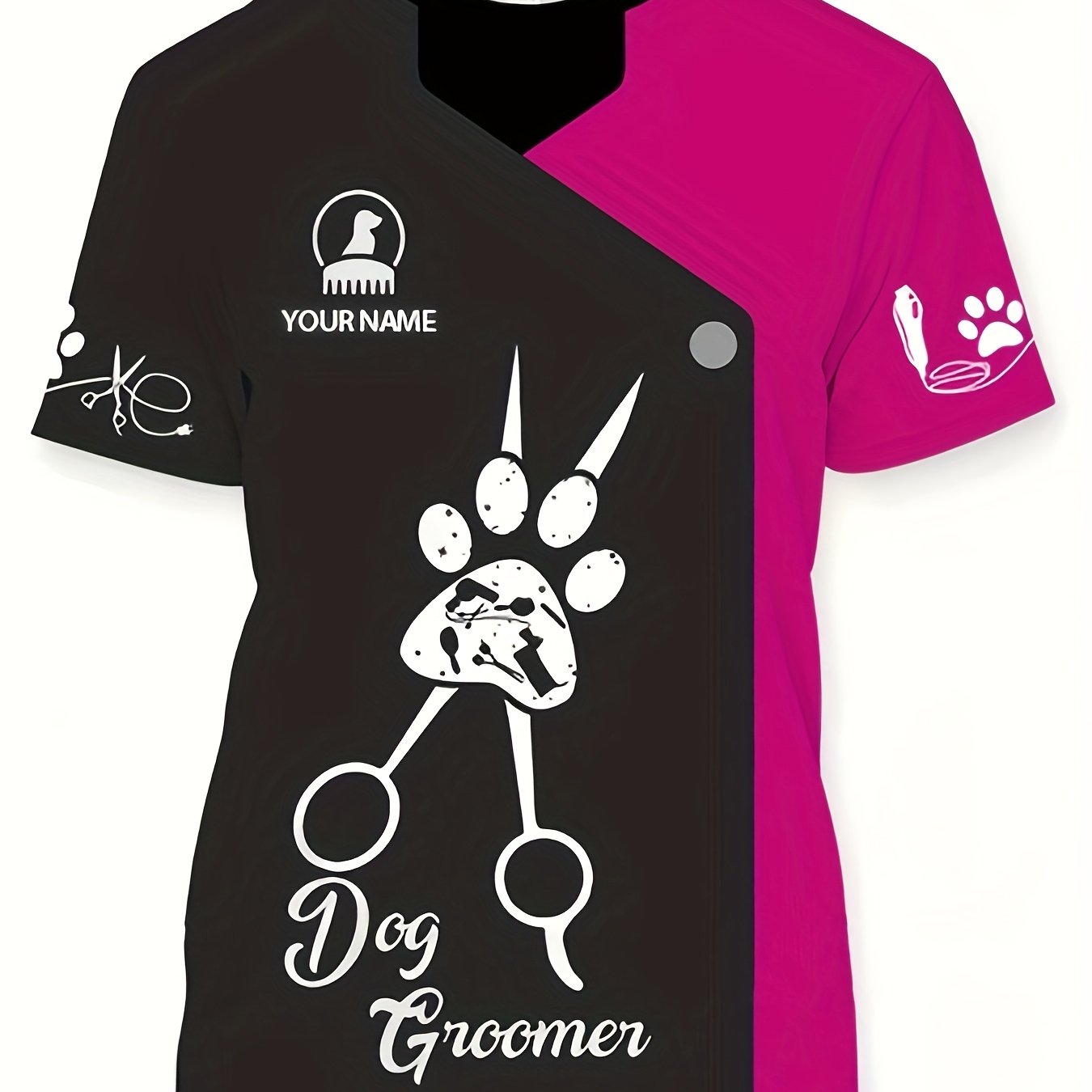 TEMU 's Dog Groomer Ized Name/logo Short Sleeve T-shirt - Grooming Tools & Paw Print Design, Pet Stylist Apparel, Machine Washable Spring/fall Casual