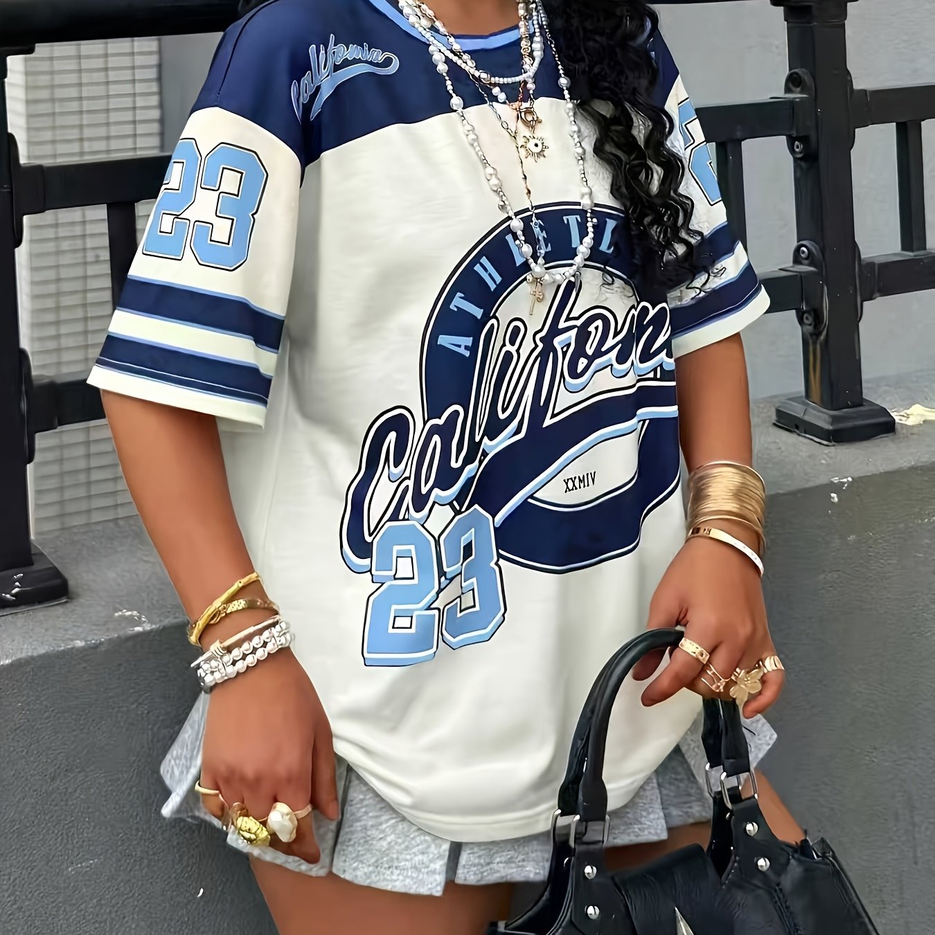TEMU Plus Size - Plus Size - Plus Size Fashionistas' ! American Letter T-shirt, White And Blue Contrast , Slogan And Number Blessing, Street Trend