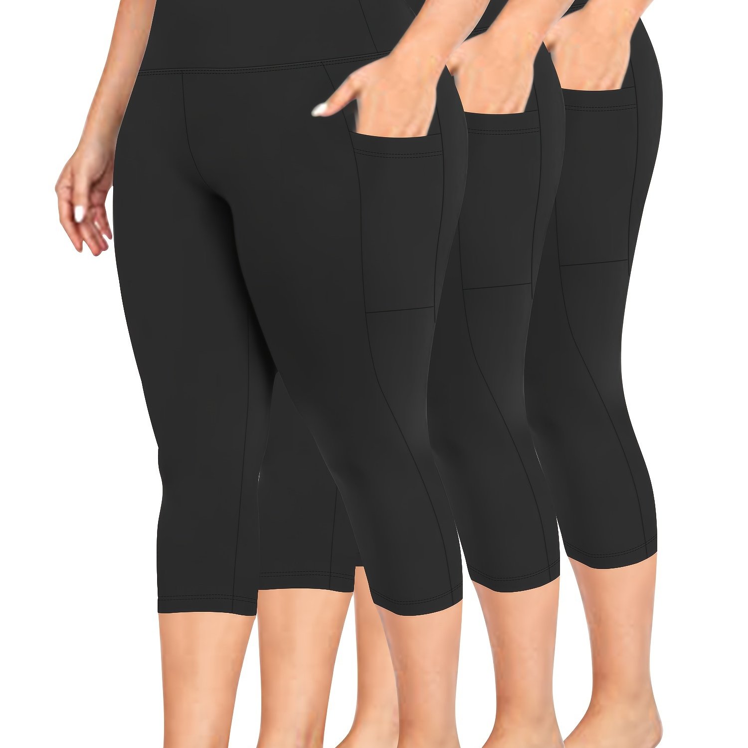Image of 3pcs Package - Plus Size High Waisted Capri Leggings With Pockets For Women - Soft Slim Yoga Pants For Running Cycling Workout Tummy Control Leggings-elegant And Comfortable, New Style For Summer