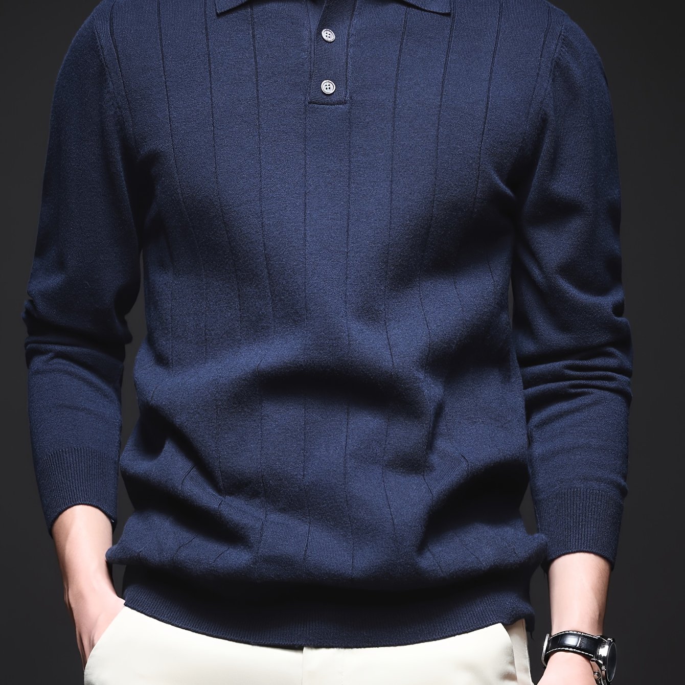 E-shop Herren Herbst Winter Einfacher Lässiger Strickpullover mit Kragen, Marineblaue Oberteil