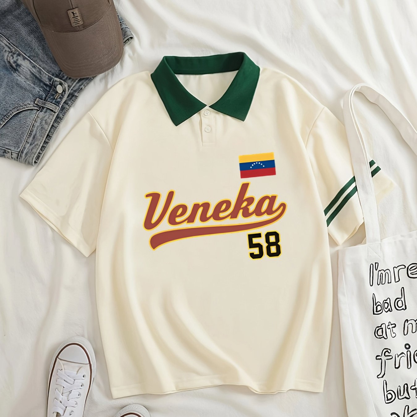 TEMU Loose Shirt, Comfortable Versatile Fashion Contrast Color Design Shirt, Chest Features "veneka 58" Lettering And Venezuelan Flag Pattern, Double