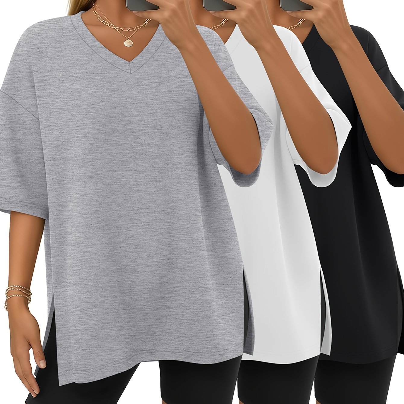 TEMU 3pcs Set Oversized Women's Loose Shirt V-neck Style Blouse Fashion Side Slit Loose Short Sleeve T-shirt