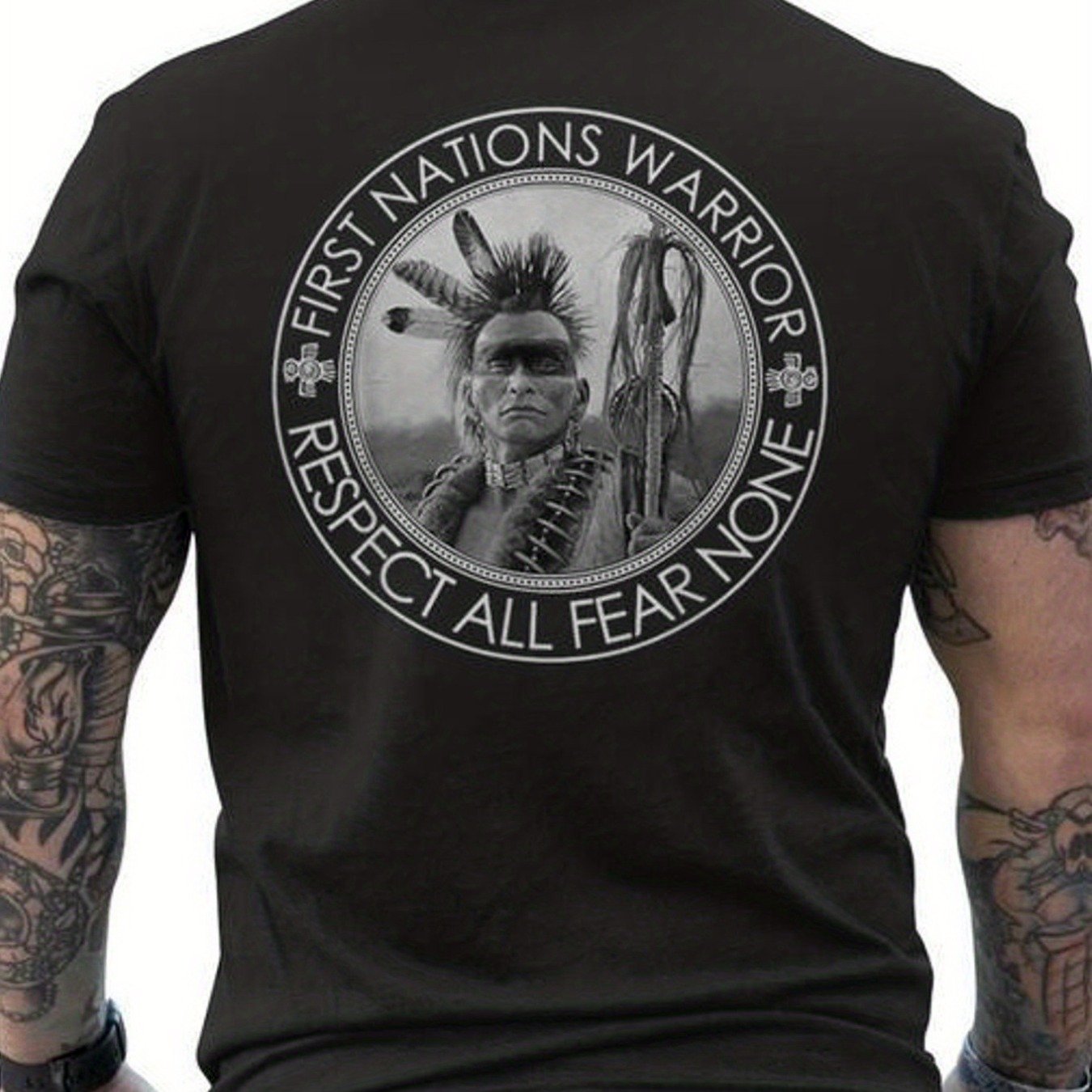 Image of Men's First Warrior Tribal Back Print T-shirt - All Slogan & /first Cultural Design, Breathable Short Sleeve Casual Tee With Digital Heat Transfer For , Reserves, All-