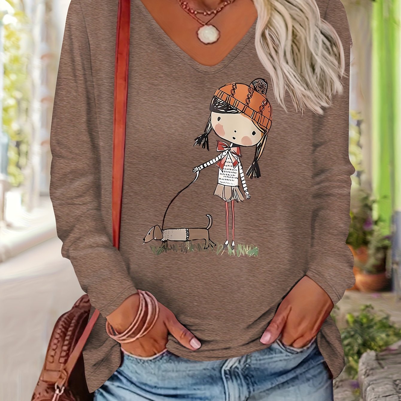 TEMU Women's Autumn/winter With Cartoon And Dog Print, Versatile, Comfortable, Casual, Simple, And Stylish, Made Of Colored, V-neck, Long Sleeve