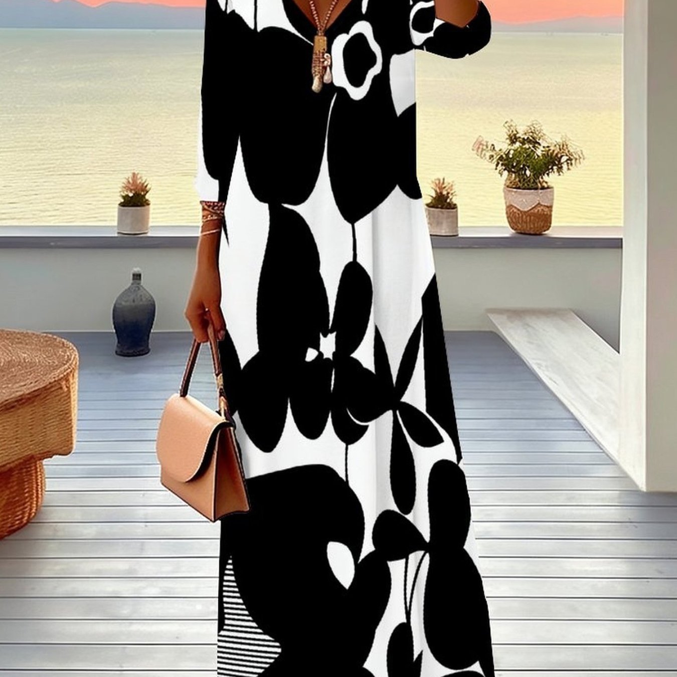 Plus Size, Women's Dress, Women's Plus Size Dress, Floral And , Full Body Print, Party Occasion, Casual Vacation, Elegant Women's Fashion, V-neck, Mid Sleeved Jumpsuit, Long Skirt