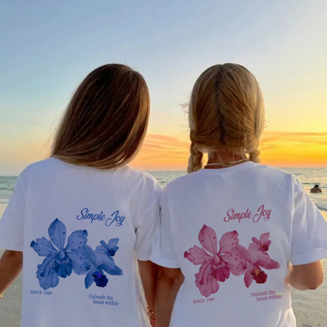 Image of Two-piece Set Of Loose-fitting Girls' T-shirt With Plant Print - ' And Pink Hibiscus' - , Easy To Clean, Suitable For Spring, Summer, And Autumn