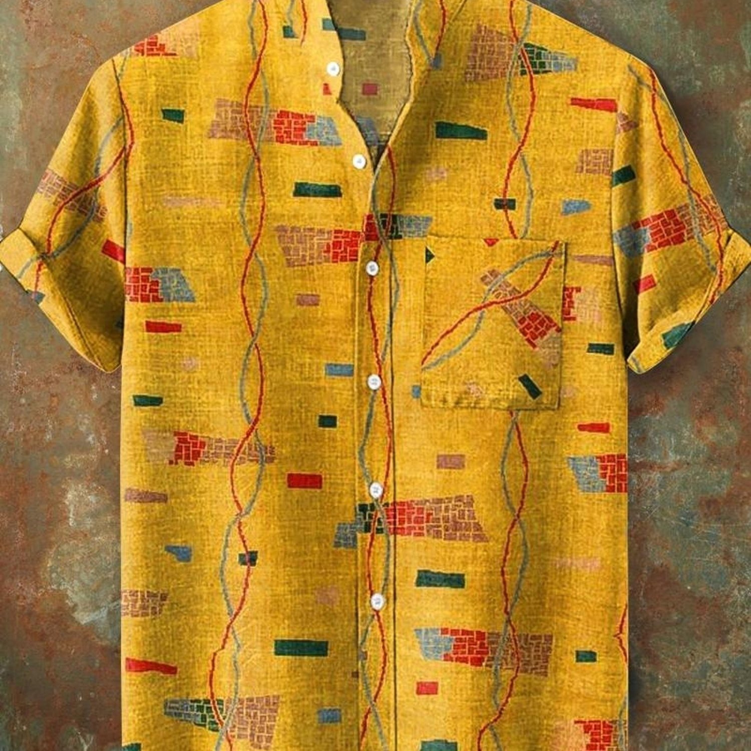 TEMU Men's Short-sleeve Button-up Shirt, Colorful Patterned (yellow Base), Chest Pocket, Polyester, Stand Collar, , Casual Comfortable Daily Wear,