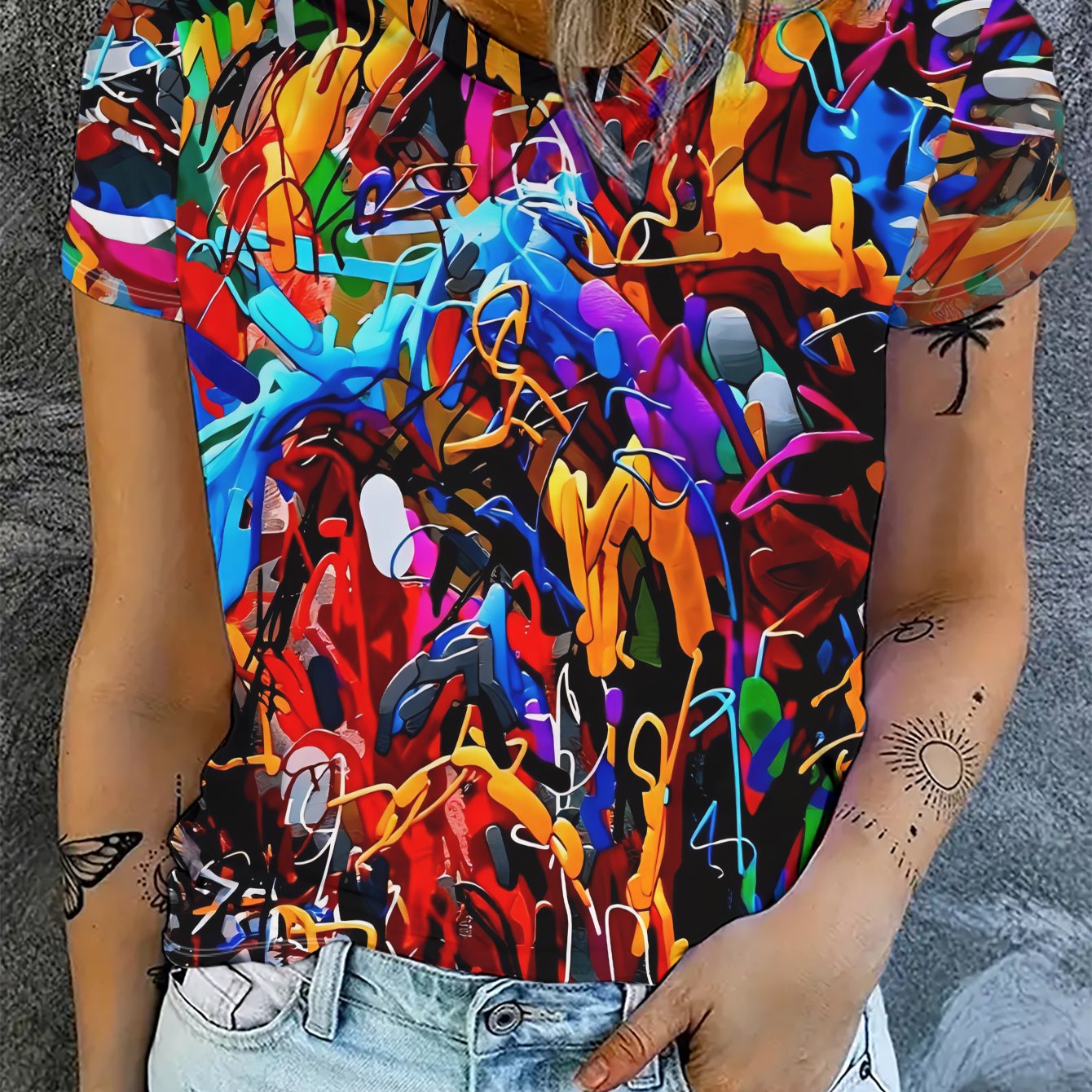 TEMU Colorful Graffiti Style Short Sleeve T-shirt, Rich And Vibrant