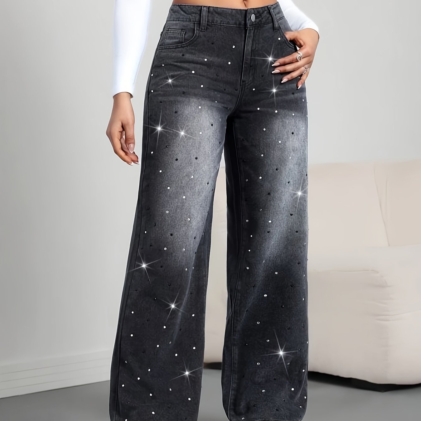 Shiny Rhinestone Decorated Jeans