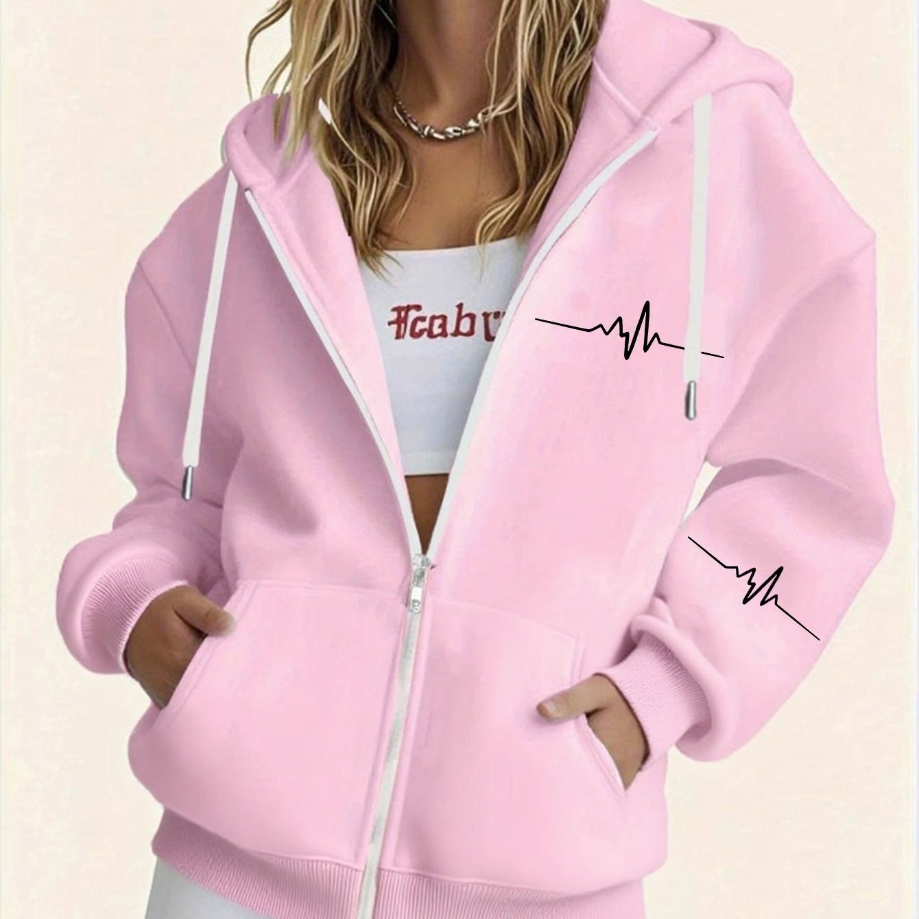 TEMU Women's Comfortable Fleece Lined Hooded Sweatshirt With Geometric Heartbeat Pattern Print, Long Sleeved Pocket Hooded Zipper Sweatshirt, Women's
