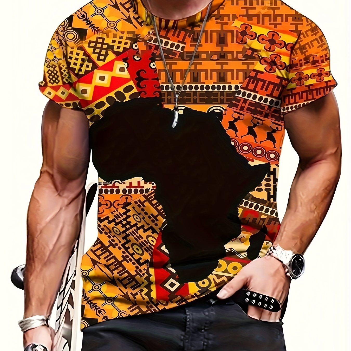 TEMU [printed Design - Not Texture] Bohemian Style African Silhouette Print, Round Neck Short Sleeve Men's T-shirt, Casual Summer Tee For Daily Wear