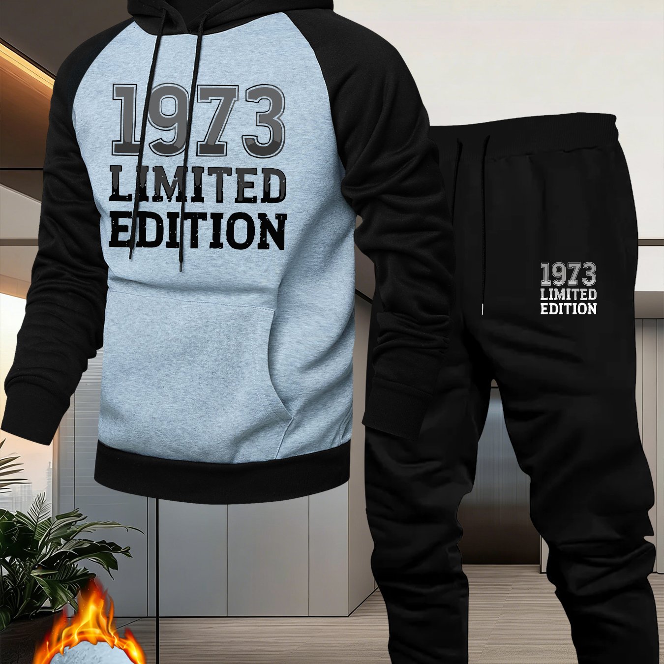 TEMU Men's Casual Sports Raglan Sleeve Hoodie With A Vintage 1973 Pattern, A Two-piece Color- Sweatshirt Set, Stylish And Versatile Hoodie Outfit
