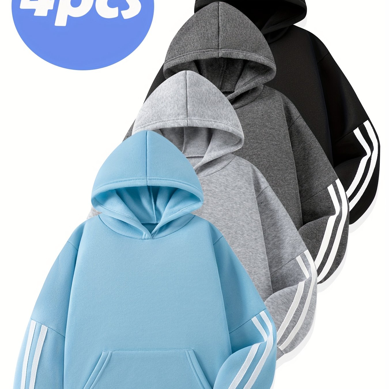 4pcs Set Of Boys' Solid Hooded Sweatshirts, Comfortable, Long Sleeve With Pockets, Machine Washable, Perfect For Fall/winter